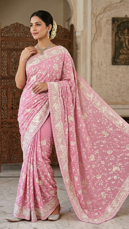 Pink Masterpiece Parsi Gara Pure Crepe Saree