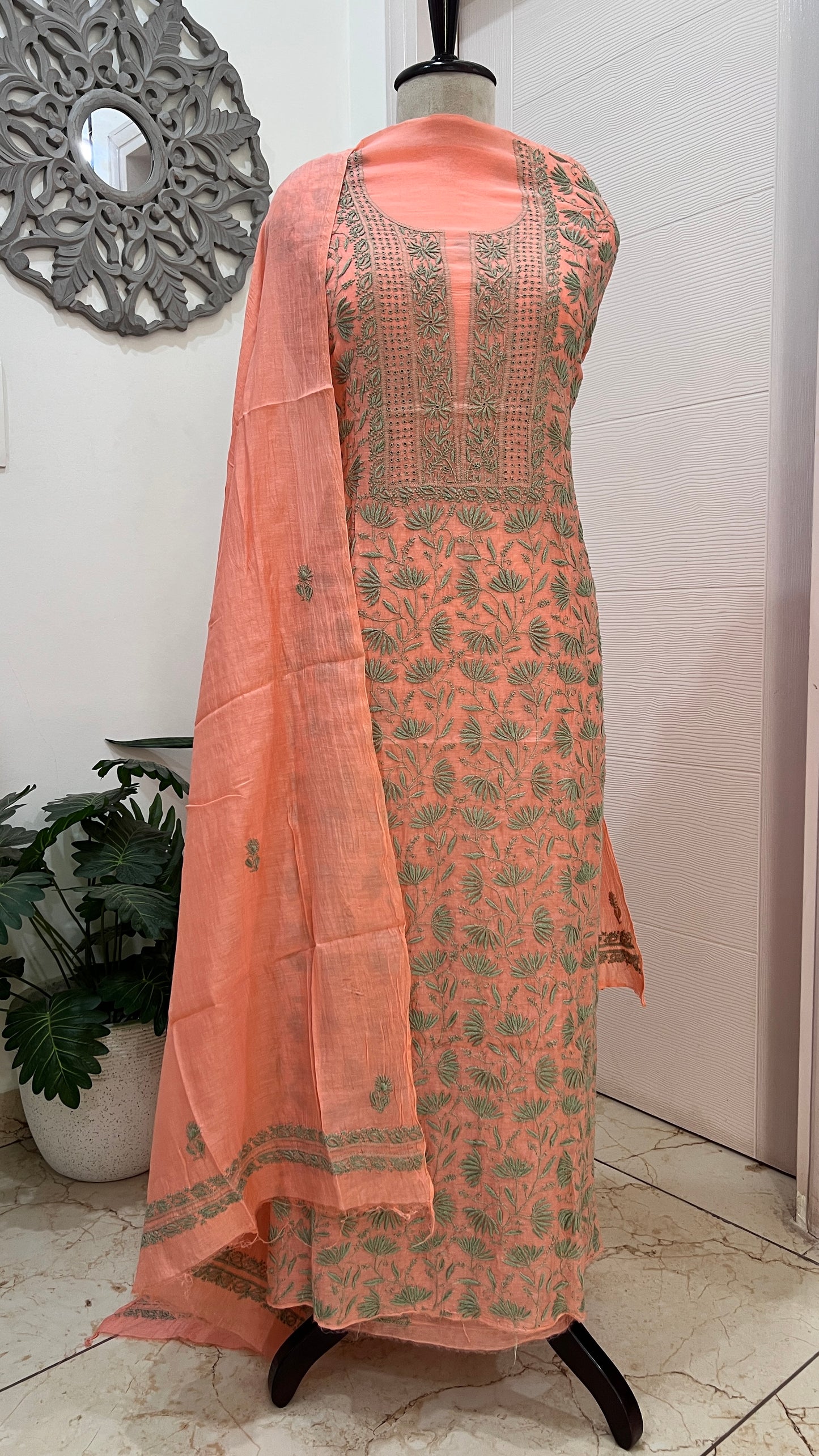 Orange Mul chanderi Chikankari embroidered kurta and dupatta