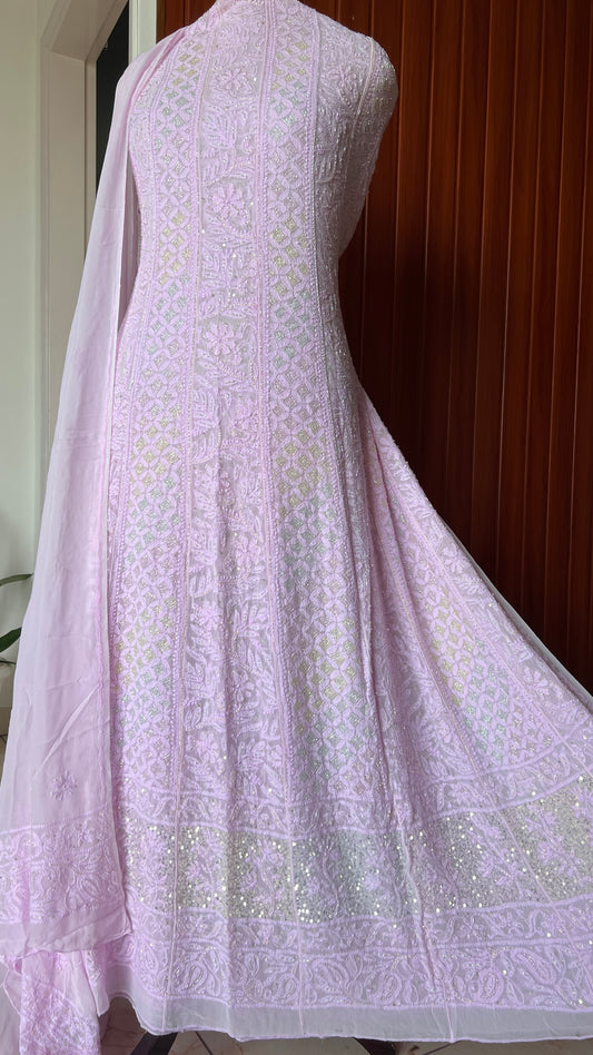Light pink Chikankari and multi Cut Dana Embroidered Anarkali with Dupatta