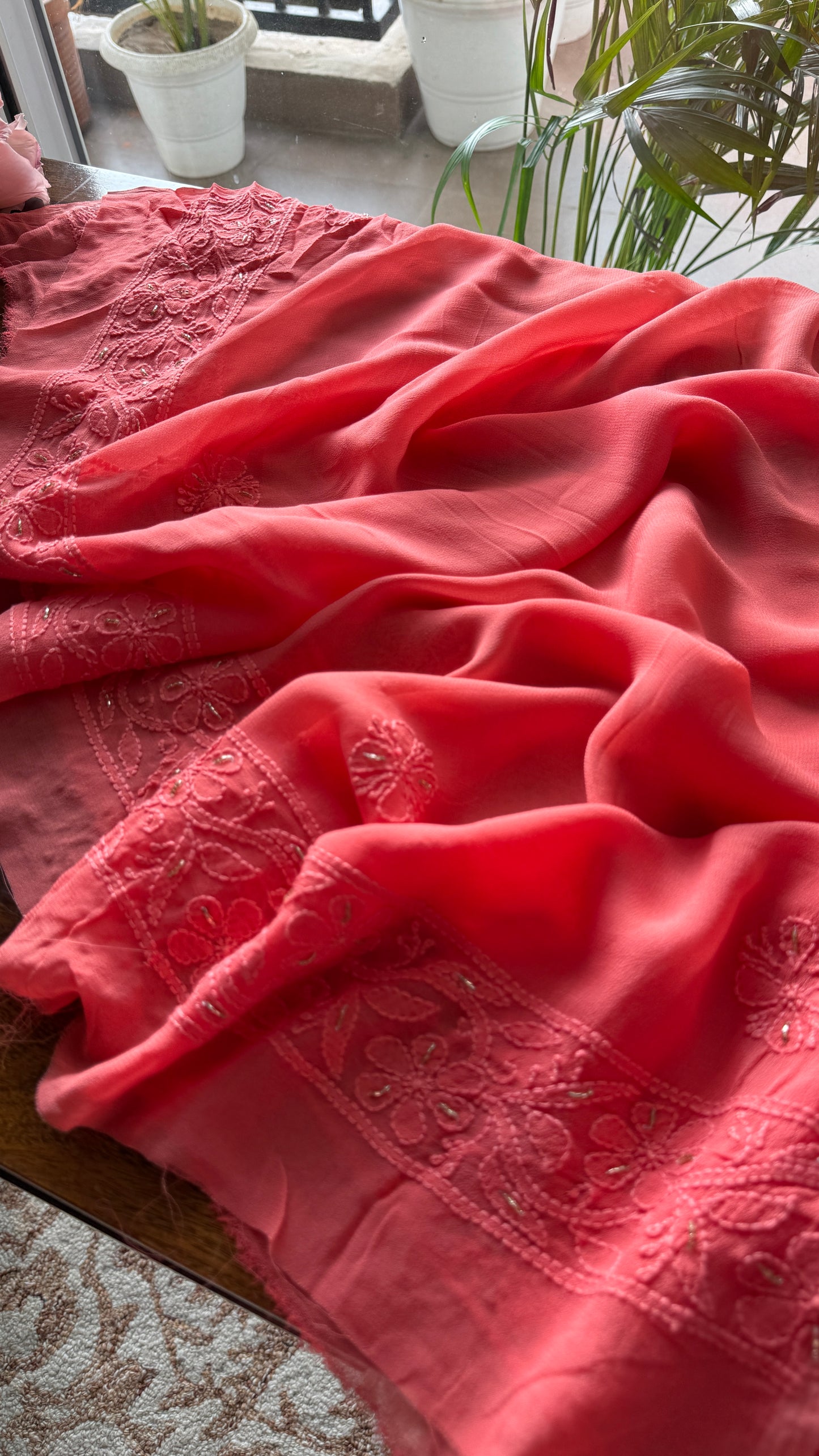 Coral Chikankari golden Cut Dana and aari work Kurta and Dupatta