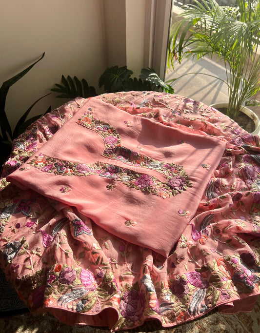 Coral Pink Hand Embroidered Parsi Gara full suit