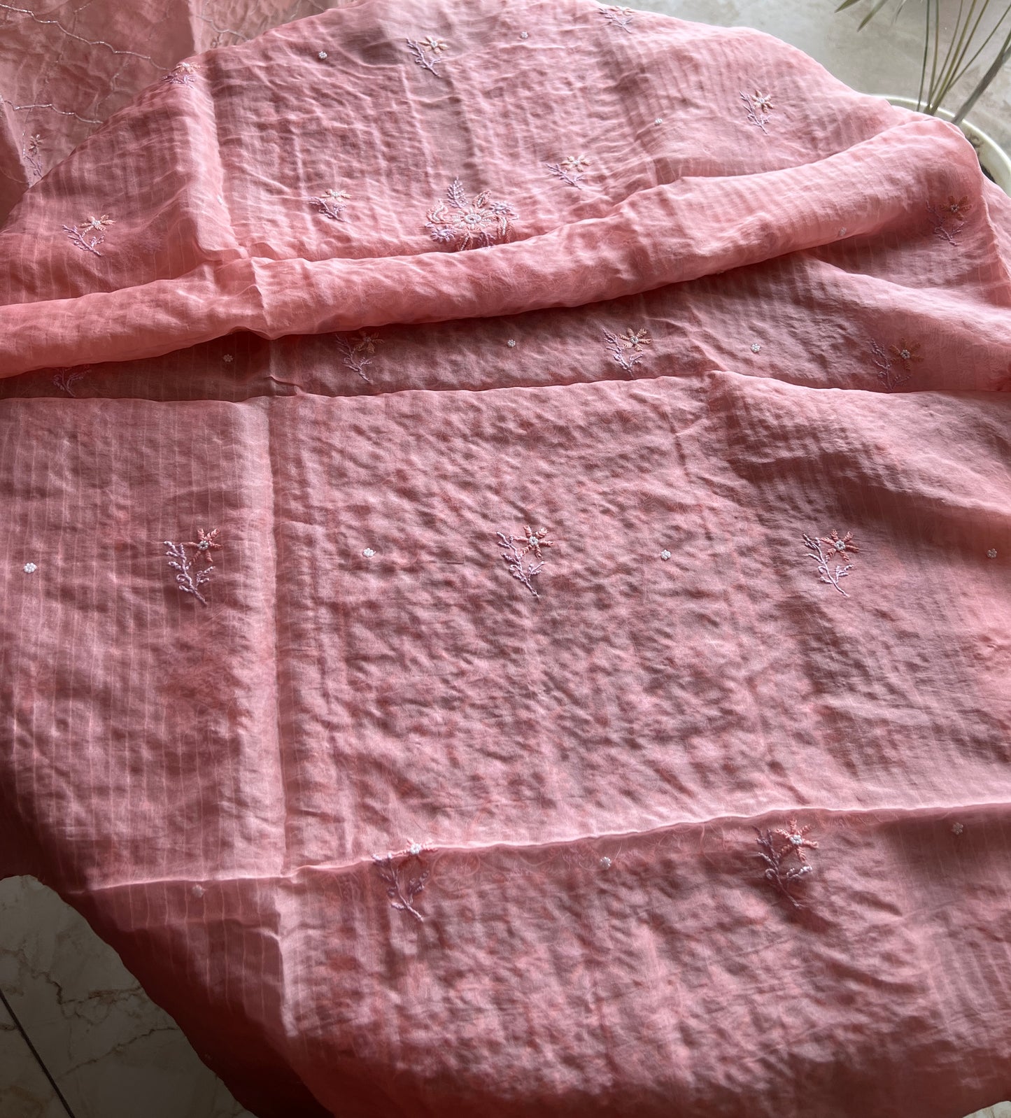 Ruhani Gajri Pink Chikankari & heavy Sequins pure Organza kurta with dupatta