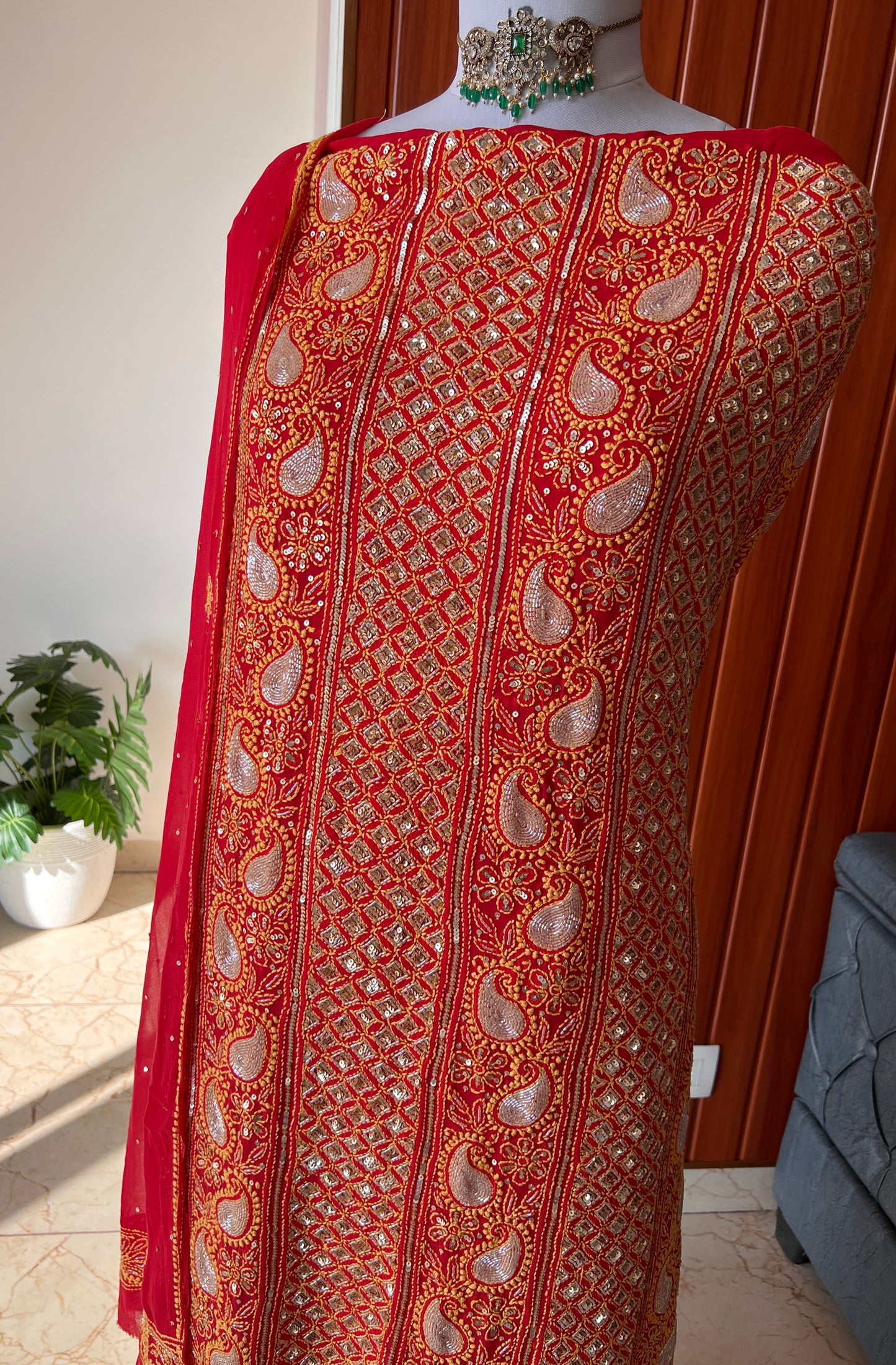 Ruhani Red Chikankari golden cut dana sequins kurta and dupatta