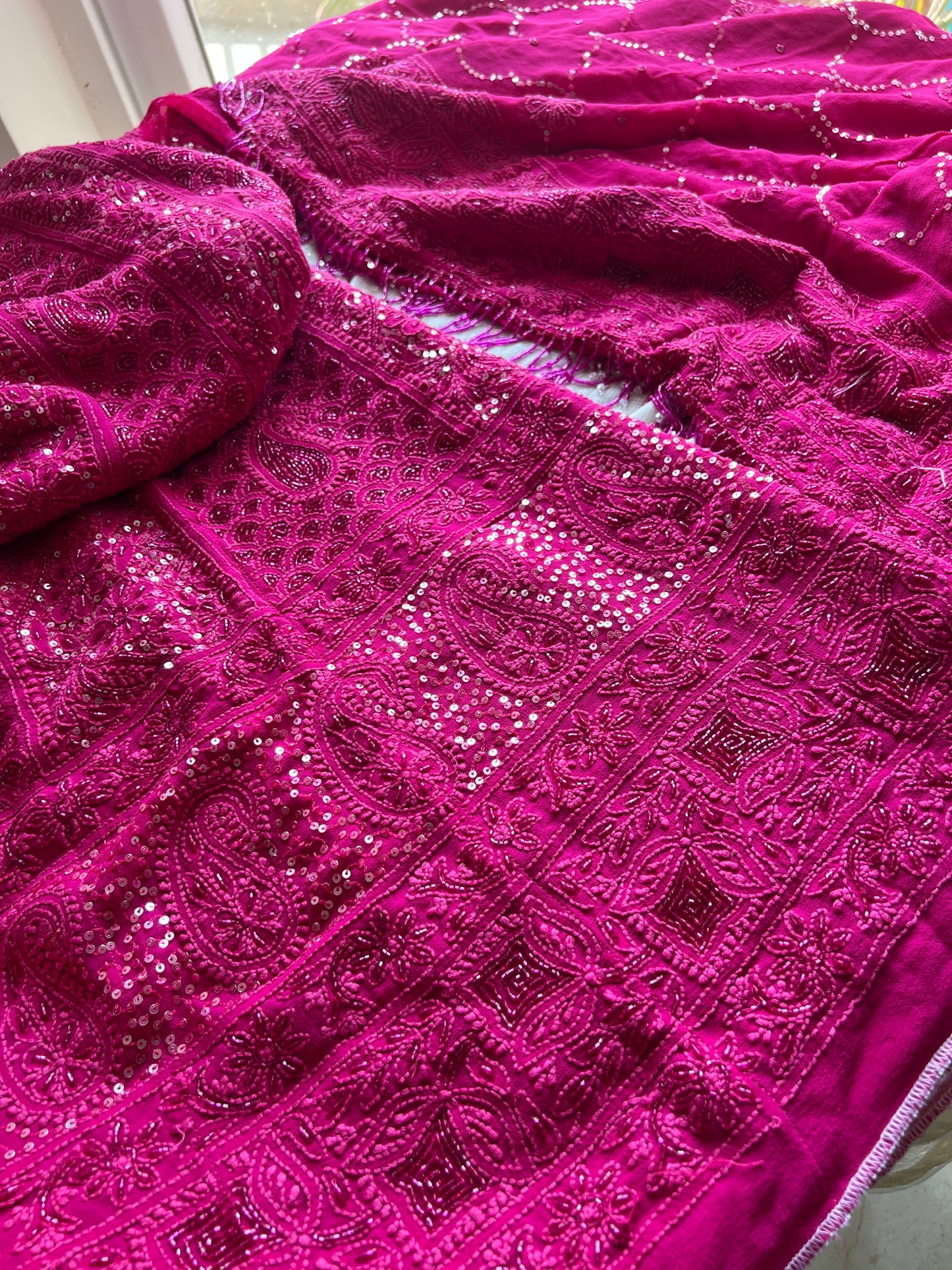 Ruhani Fuchsia Pink Chikankari sequins cut Dana Anarkali