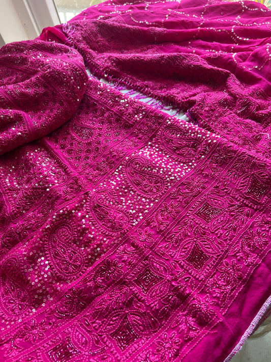Ruhani Fuchsia Pink Chikankari sequins cut Dana Anarkali