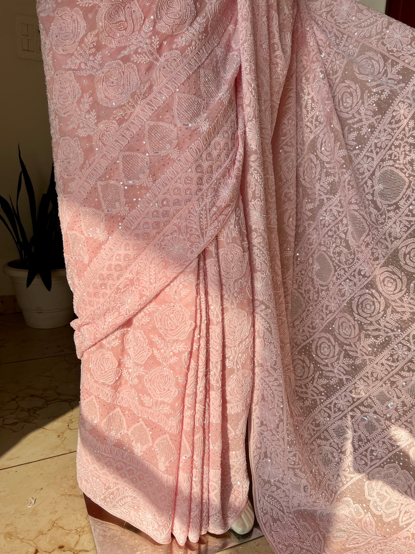 Ruhani Blush Pink Chikankari Cut Dana and Sequins Saree