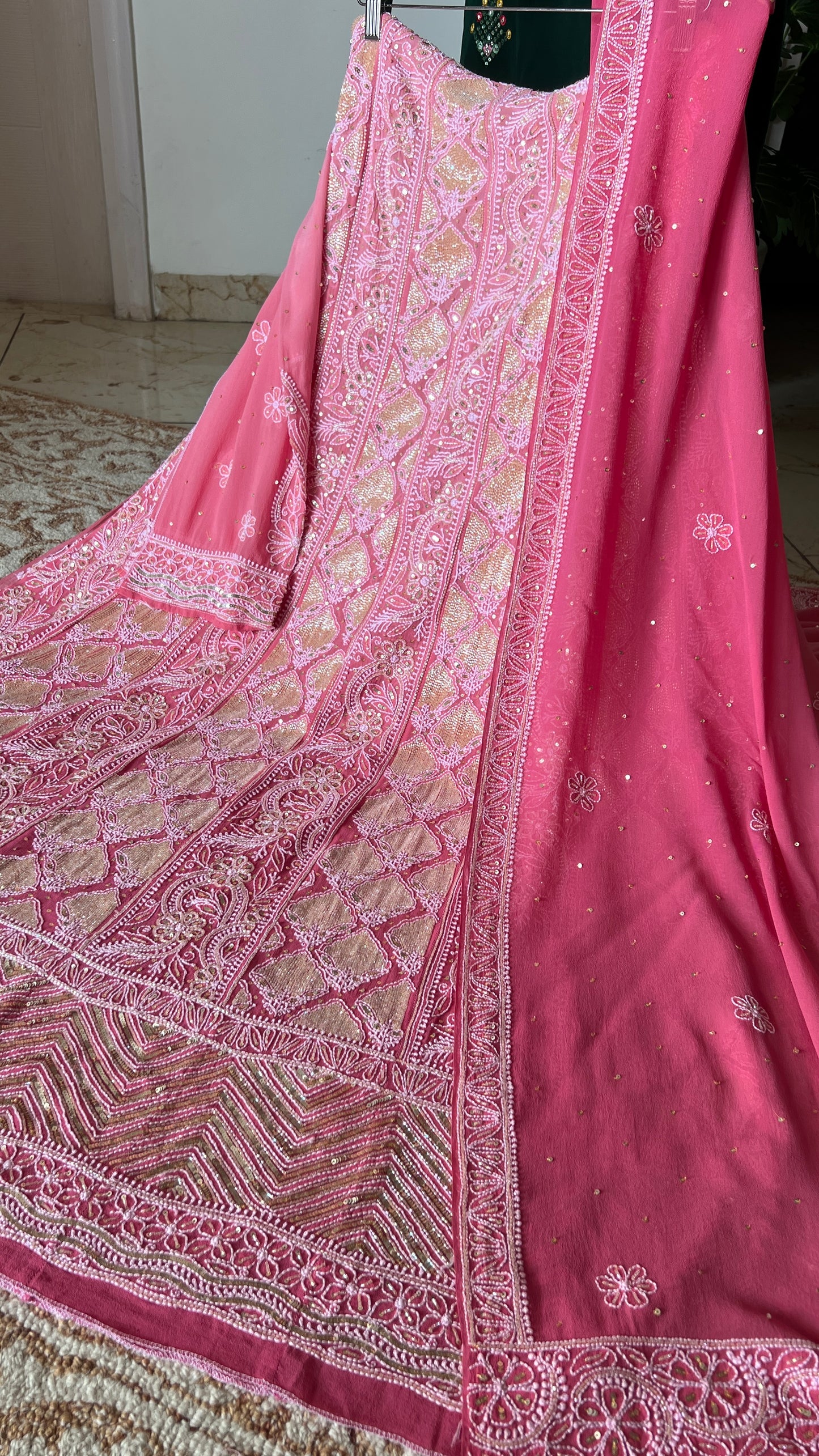 Ruhani Rouge Pink Chikankari Sequins and Cut Dana Anarkali