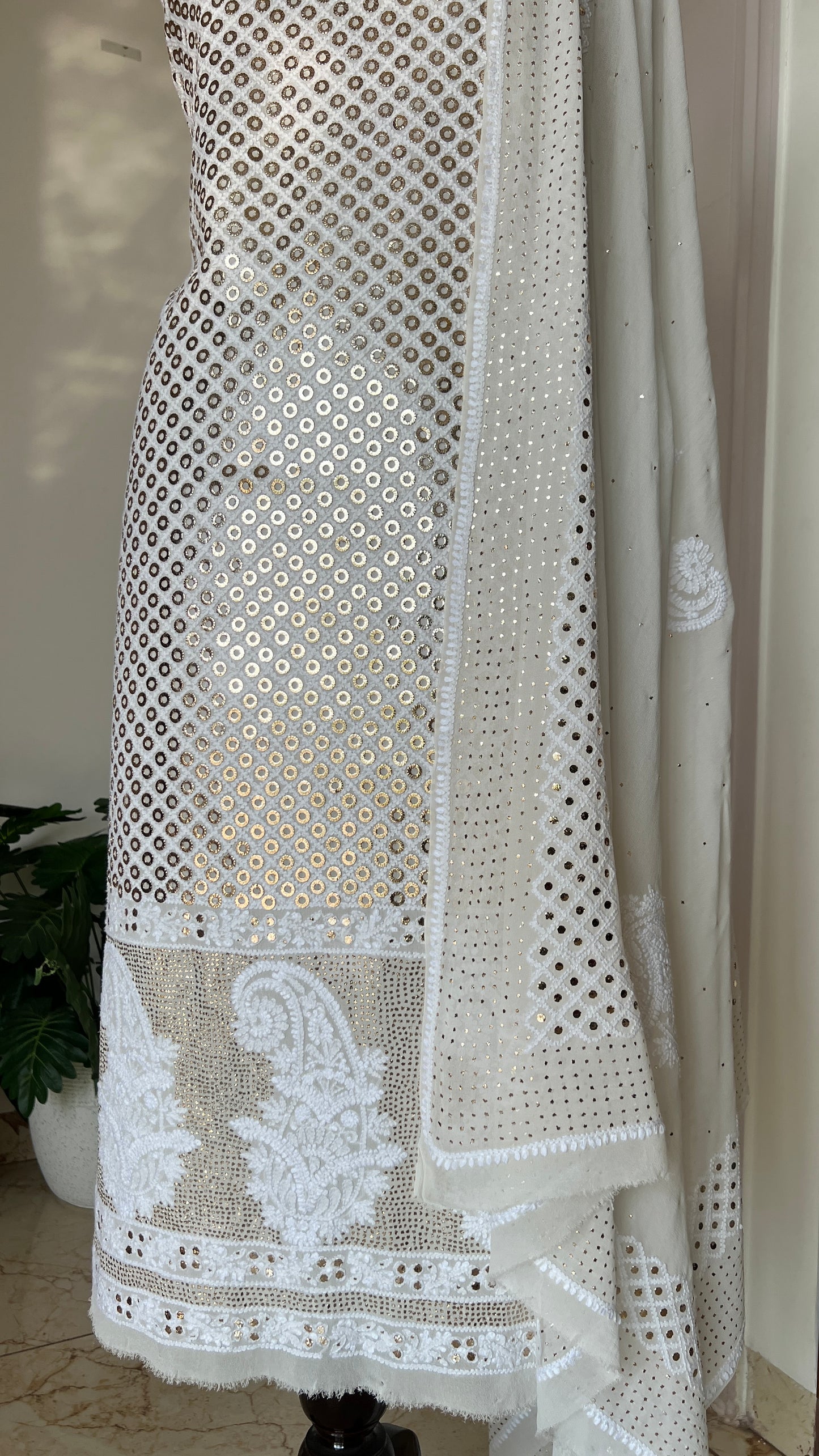 Ruhani Chikankari and heavy Ring Mukaish Kurta and Dupatta