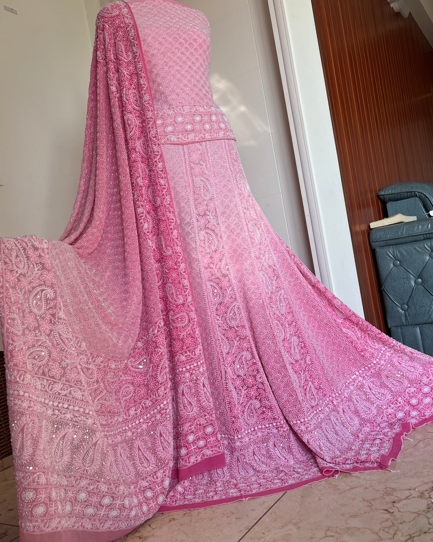 Ruhani Ombré Pink Chikankari Cut Dana sequins pearl Lehenga