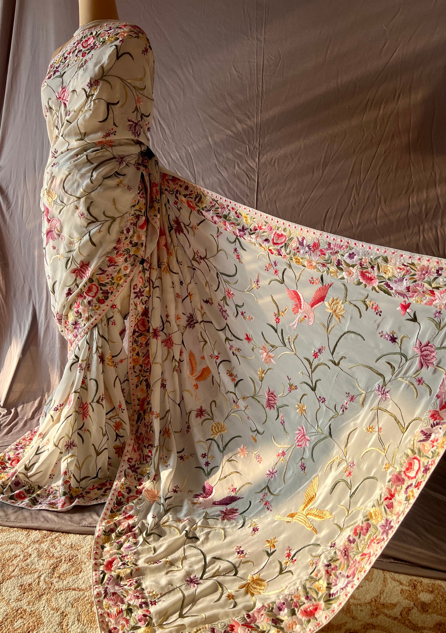Ivory Parsi Gara Allover Hand Embroidered Saree on Pure Crepe