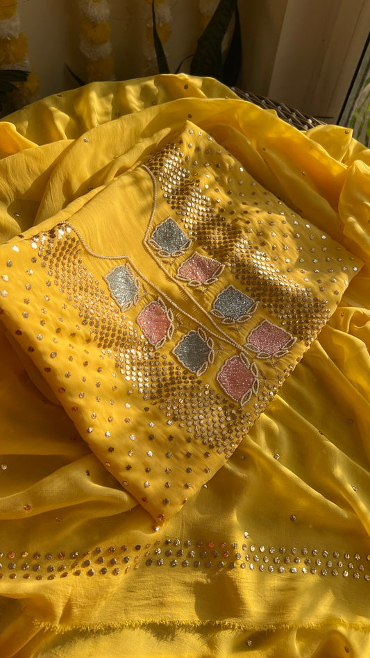 Yellow mukaish and Cut Dana Kurta and Dupatta