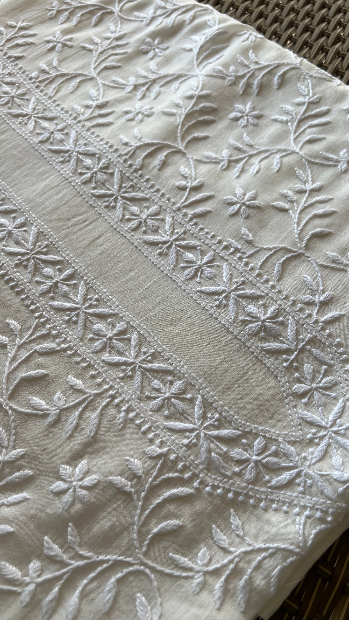 Ivory Chanderi Silk Men's Kurta fabric with fine Chikankari