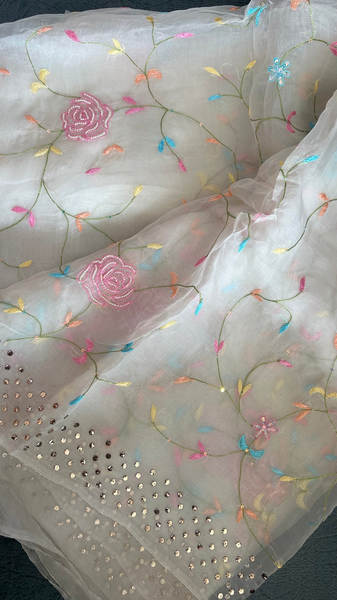 Organza Tissue saree with Resham Cross Stitch