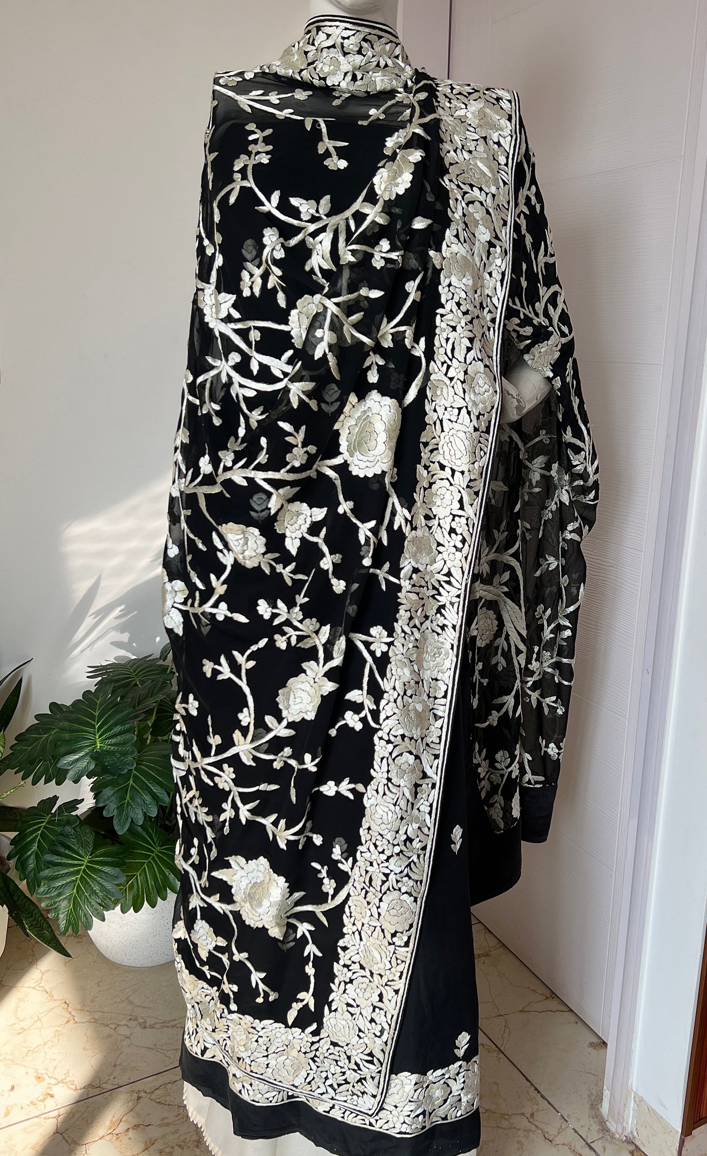 Black Masterpiece Hand Embroidered Parsi Gara jaal dupatta with kurta
