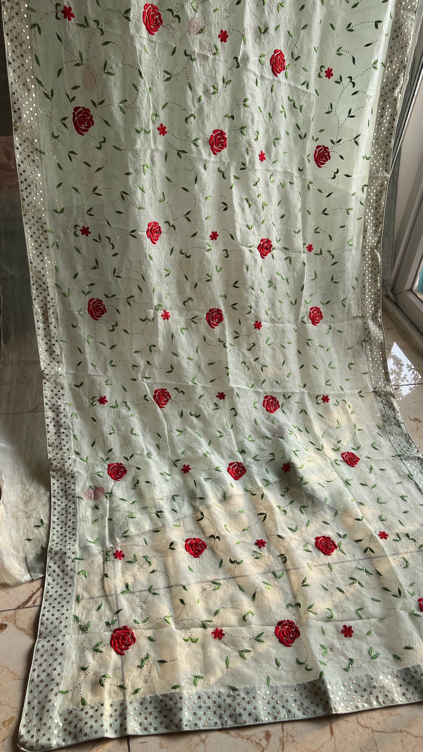 Ruhani Pista green Pure Organza Saree with Resham and Mukaish Work