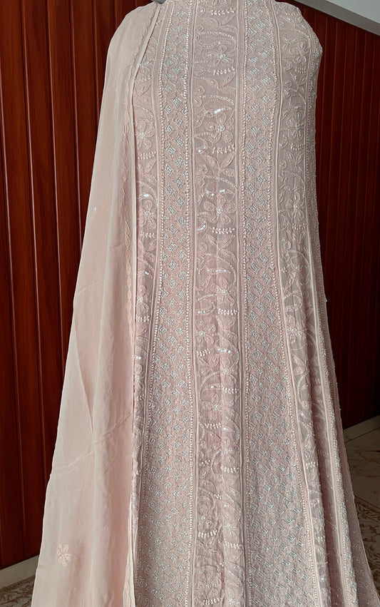 Dusty pink Chikankari and Cut Dana Embroidered Anarkali with Dupatta