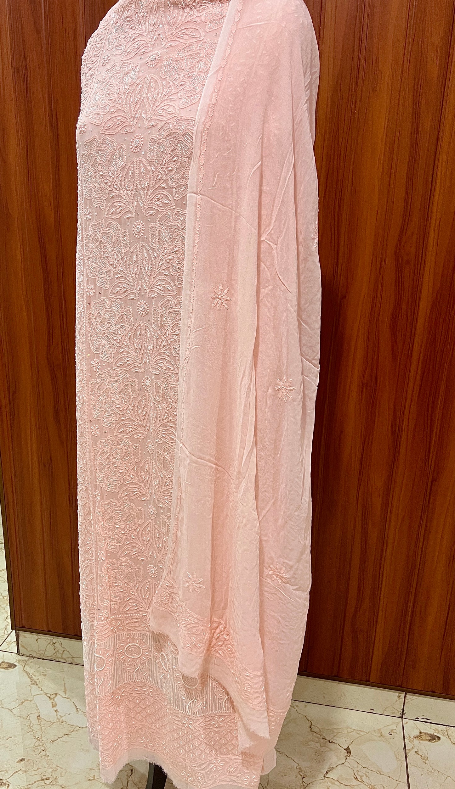 Peachy Chikankari Pearl work kurta and dupatta set