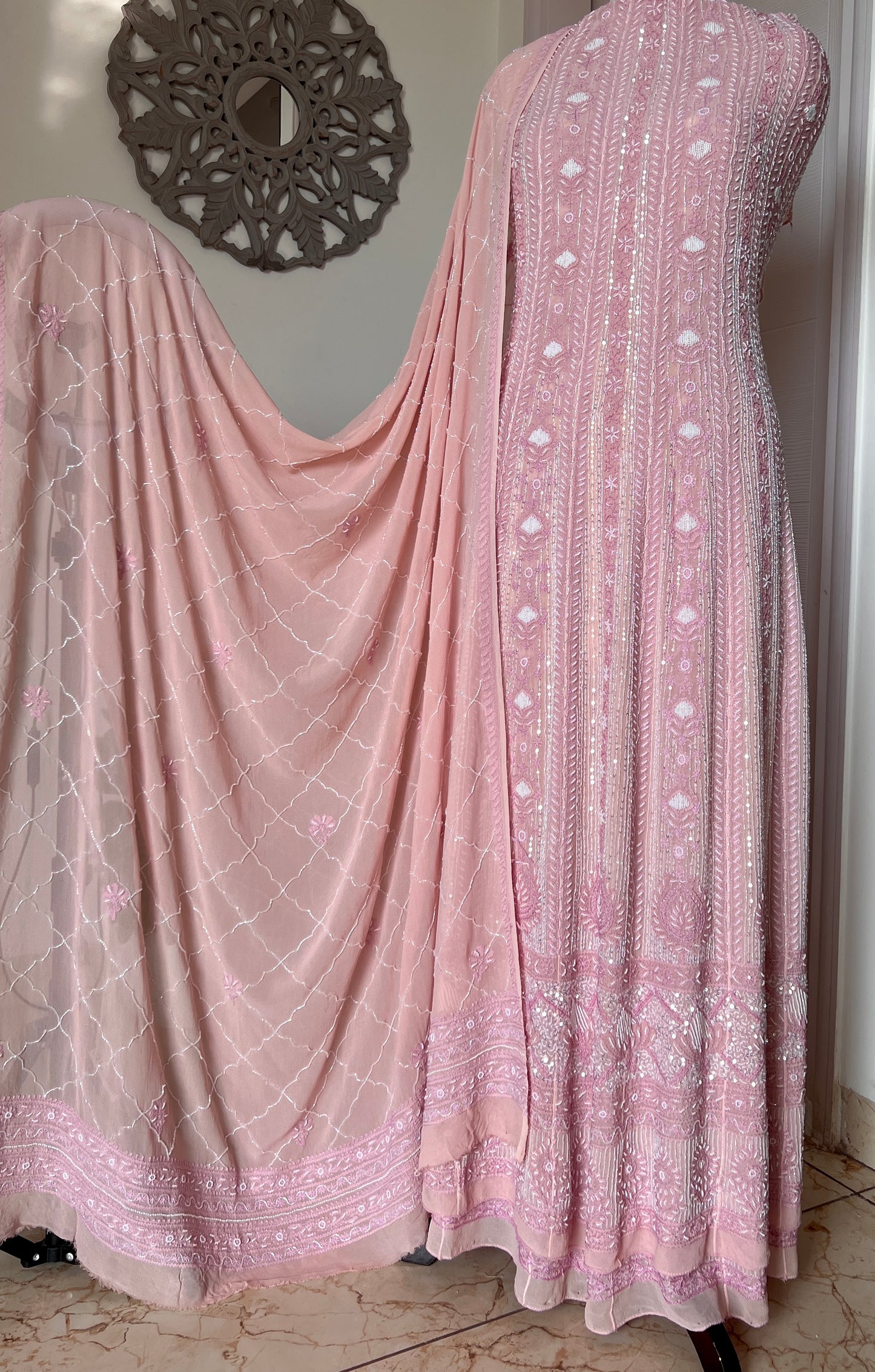 Ruhani Dusty Rose Chikankari sequins and pearl work Anarkali