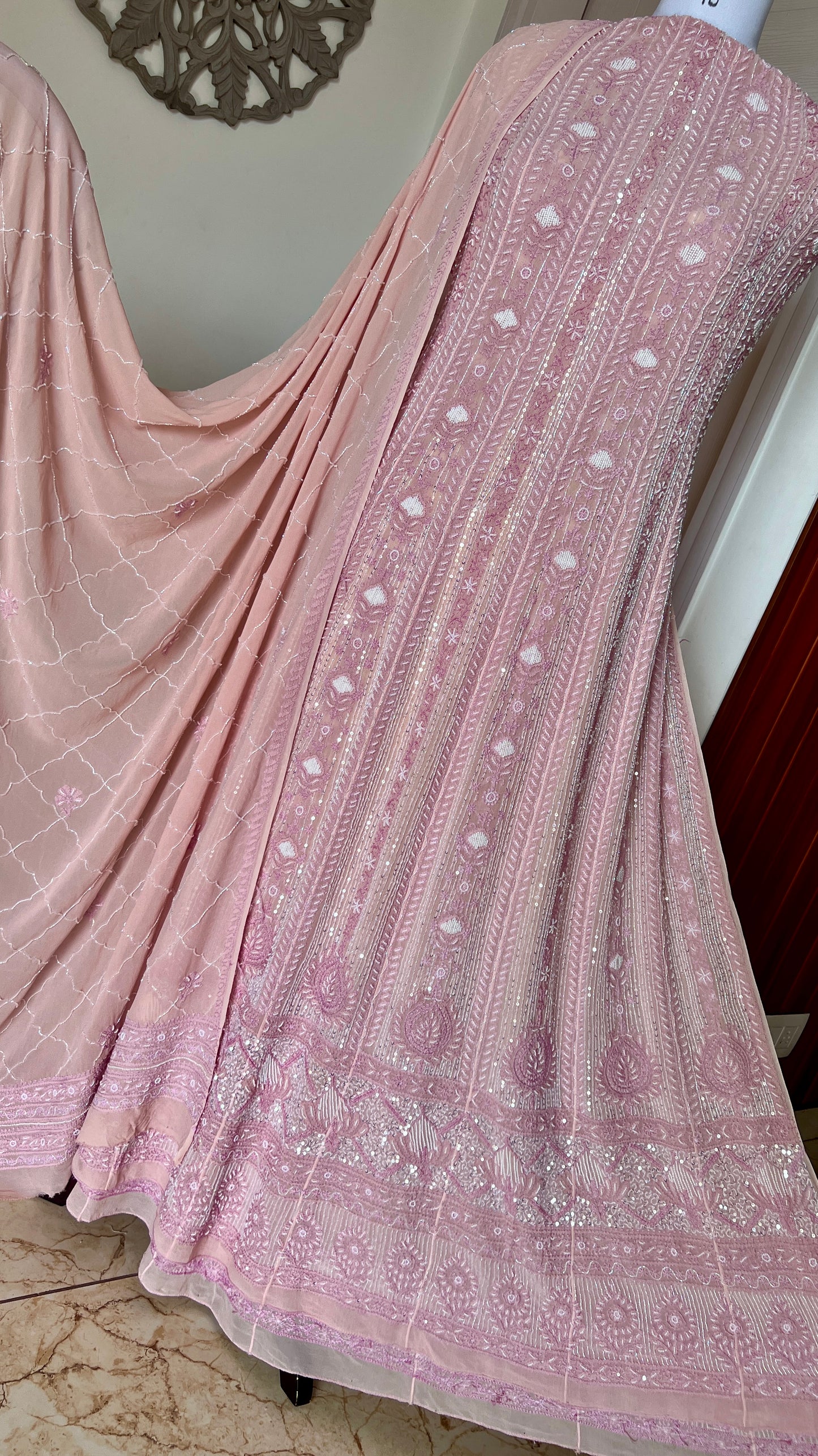 Ruhani Dusty Rose Chikankari sequins and pearl work Anarkali