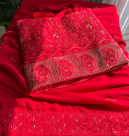 Red Chikankari golden Cut Dana and aari work Kurta and Dupatta