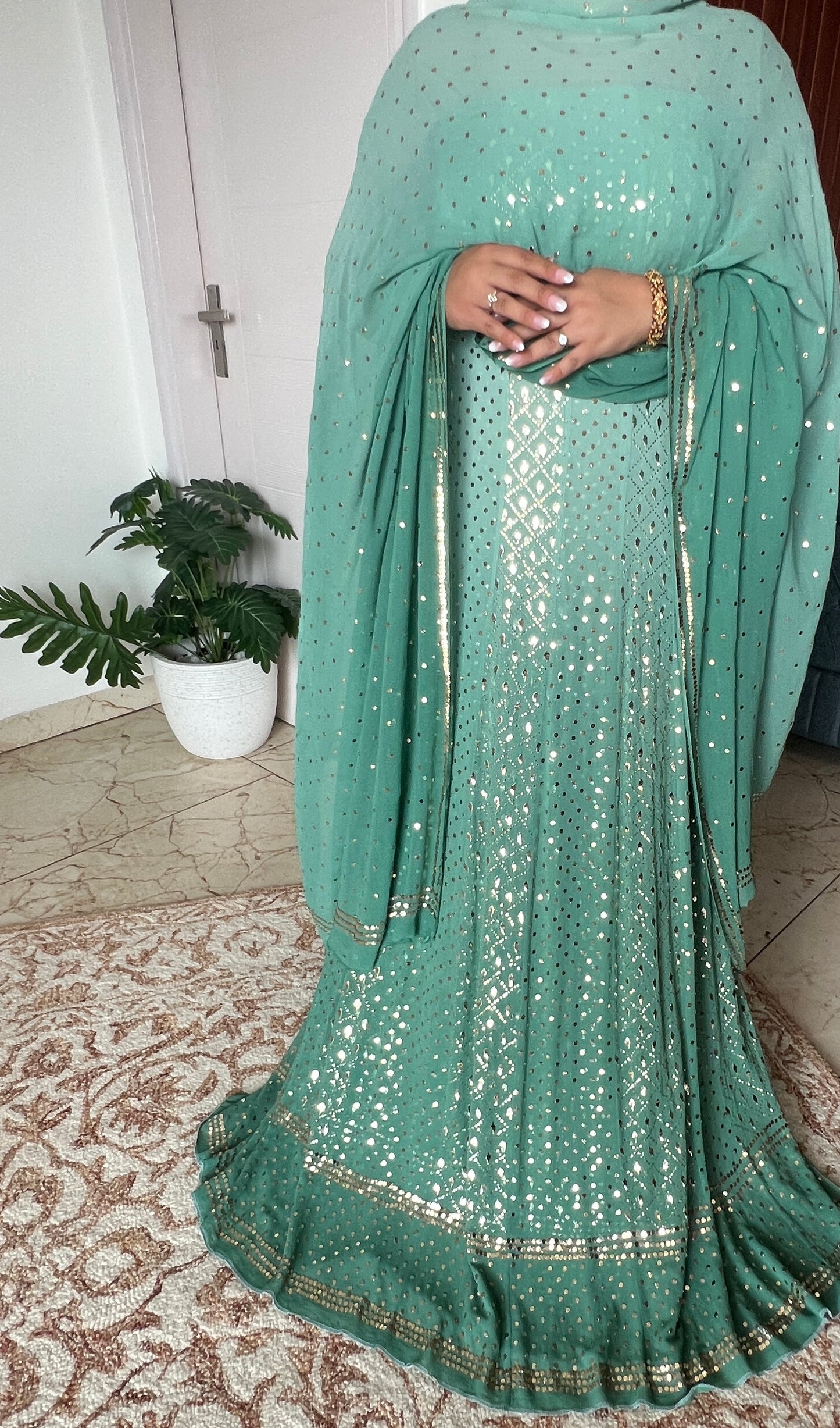 Ruhani Sage green Heavy Mukaish Pure Georgette Anarkali and Dupatta
