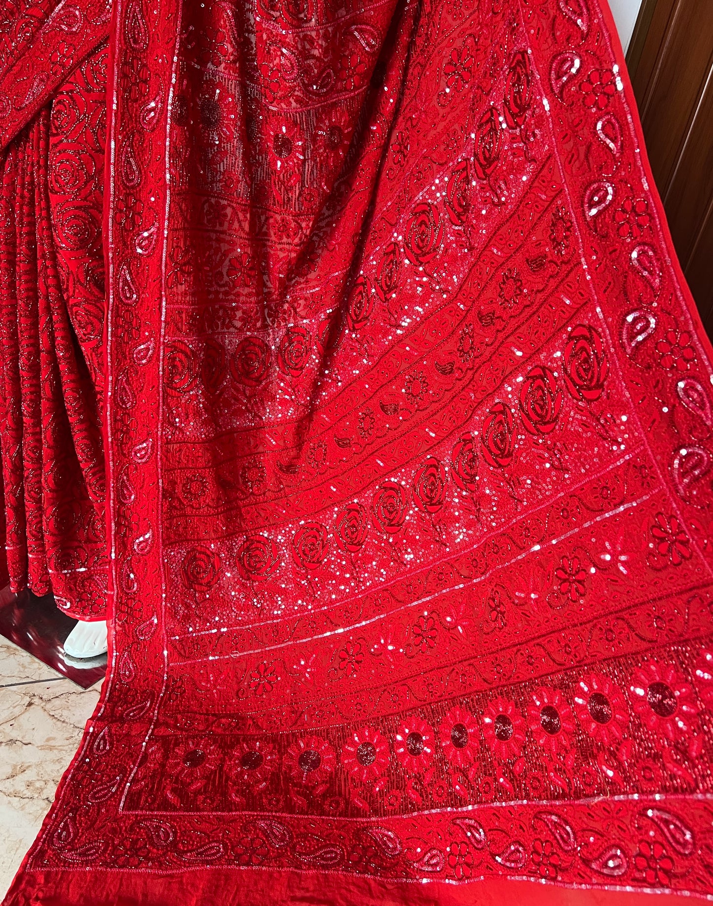 Red Gulaab Masterpiece Chikankari Cut Dana Sequins Saree