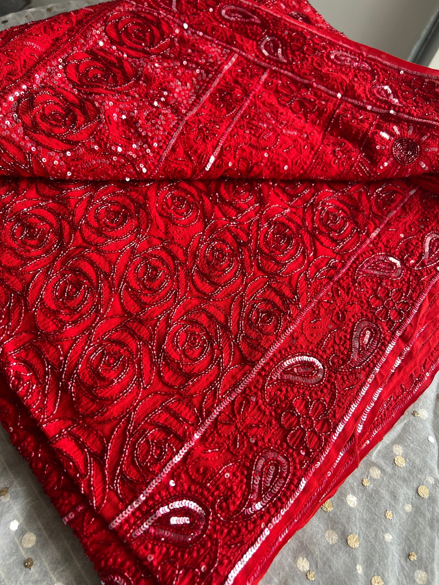Red Gulaab Masterpiece Chikankari Cut Dana Sequins Saree