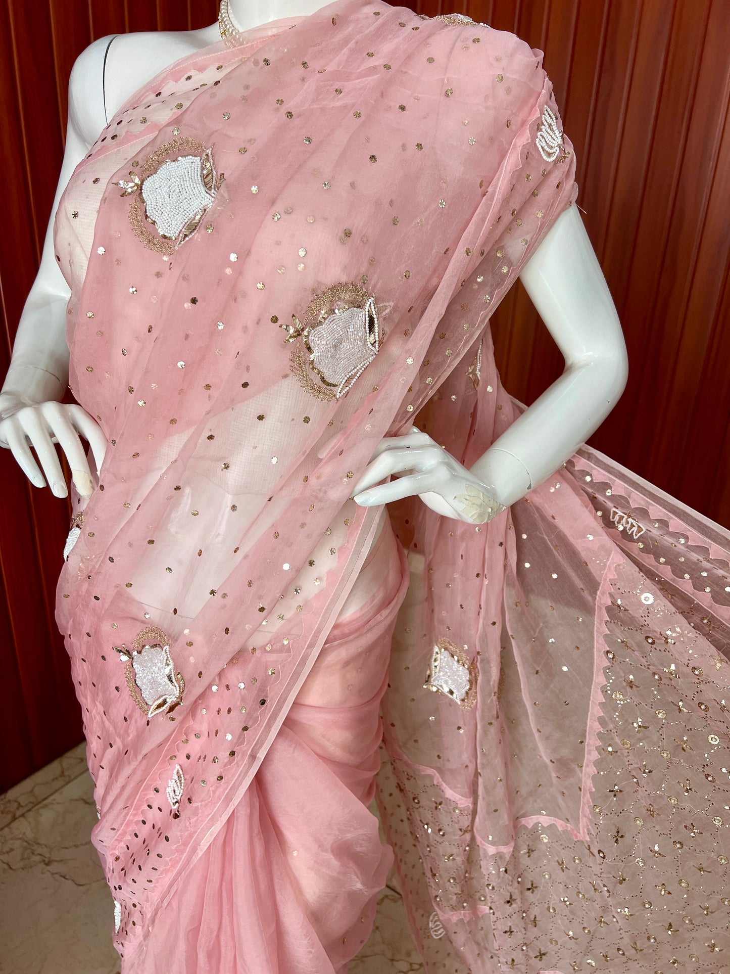 Ruhani pink Pure Organza Saree with pearl and Mukaish Work