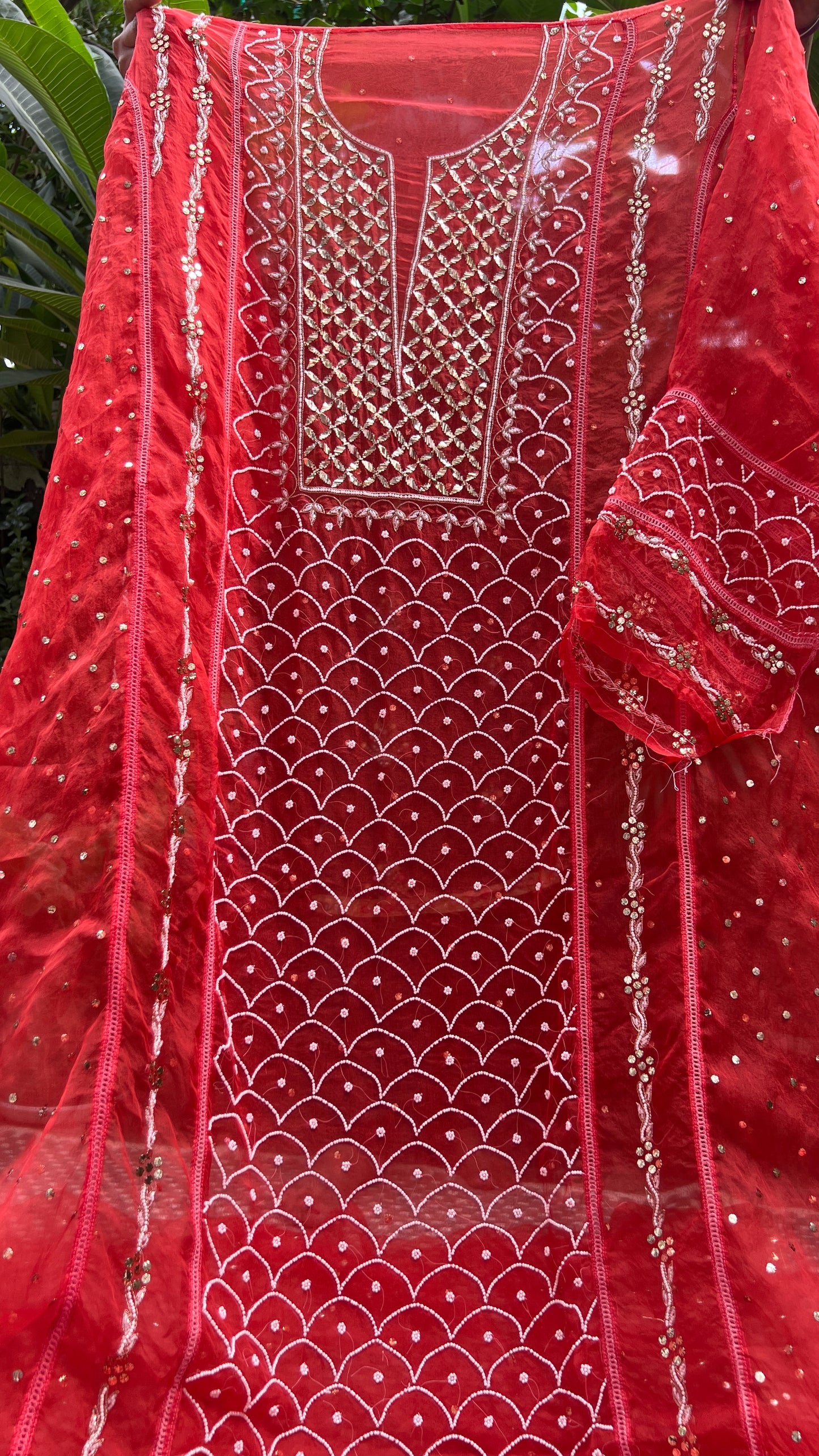 Rust Orange Mukaish Pearl work Pure Organza kurta with dupatta