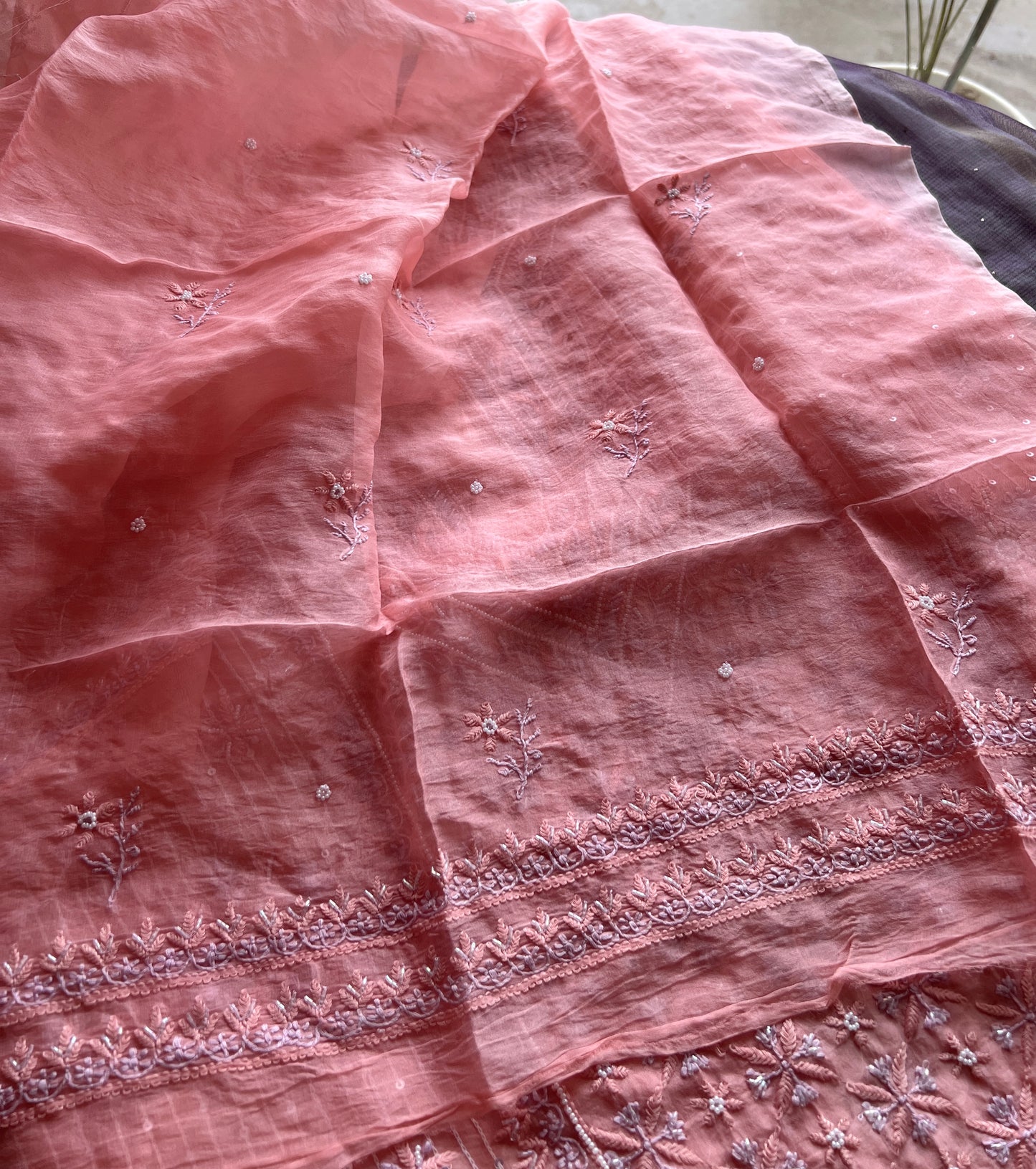 Ruhani Gajri Pink Chikankari & heavy Sequins pure Organza kurta with dupatta