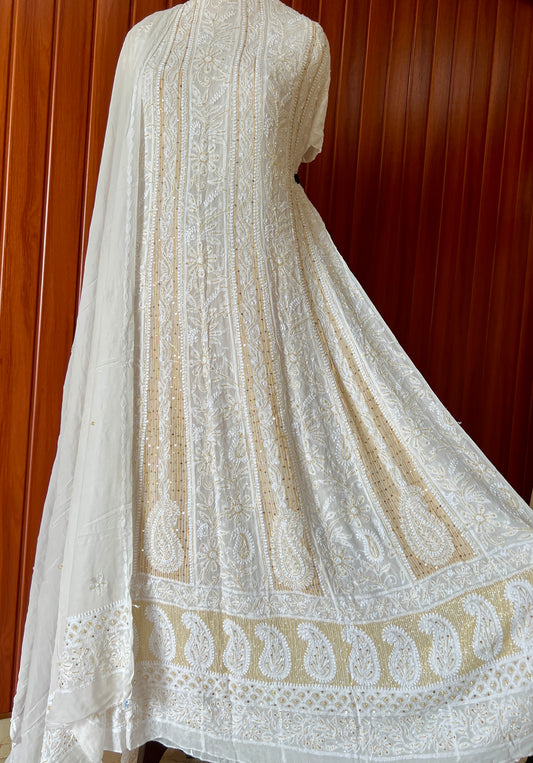 White Chikankari Sequins Cut Dana Anarkali with Dupatta