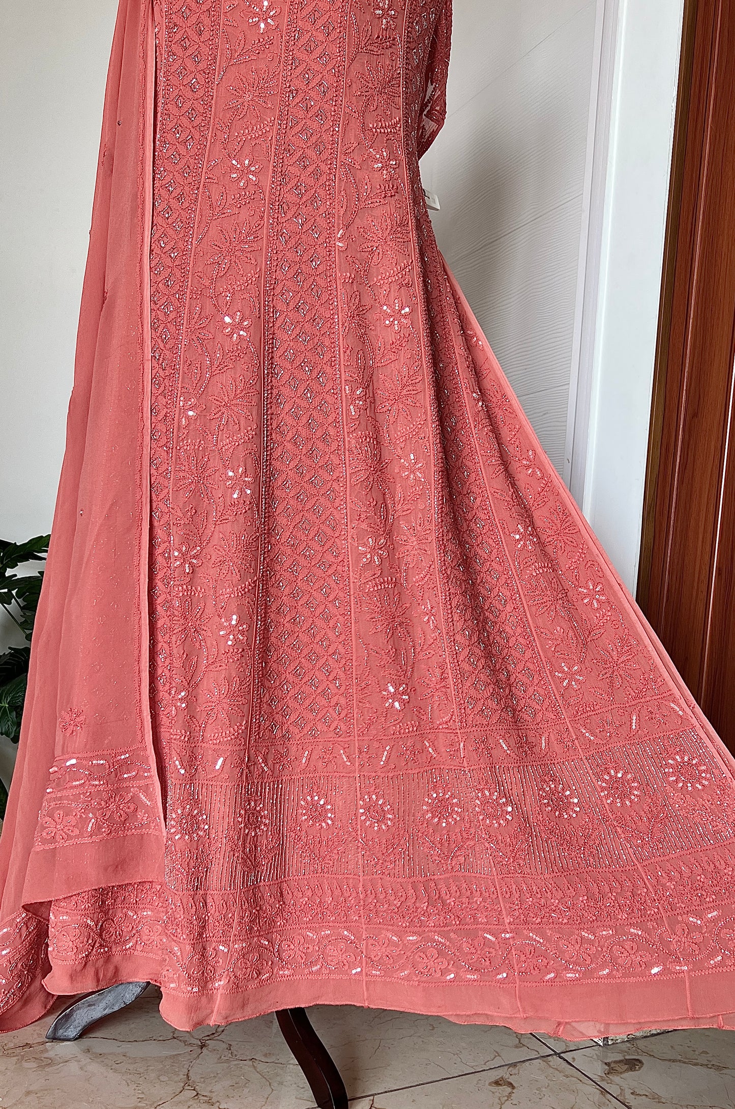 Gajri Chikankari Cut Dana and sequins Anarkali with Dupatta