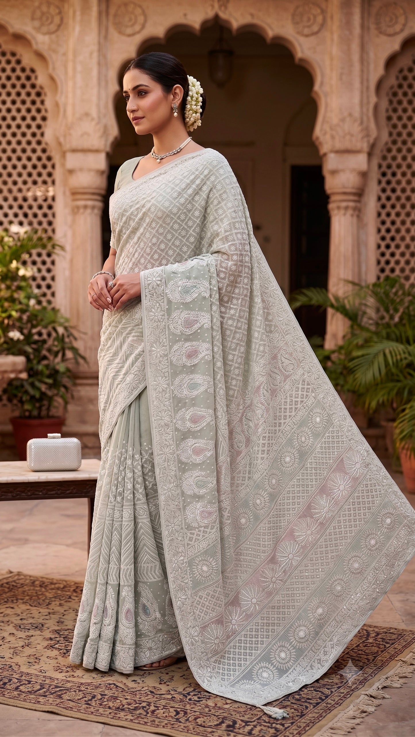 Ruhani Sage Blue Chikankari Cut Dana and Sequins Saree