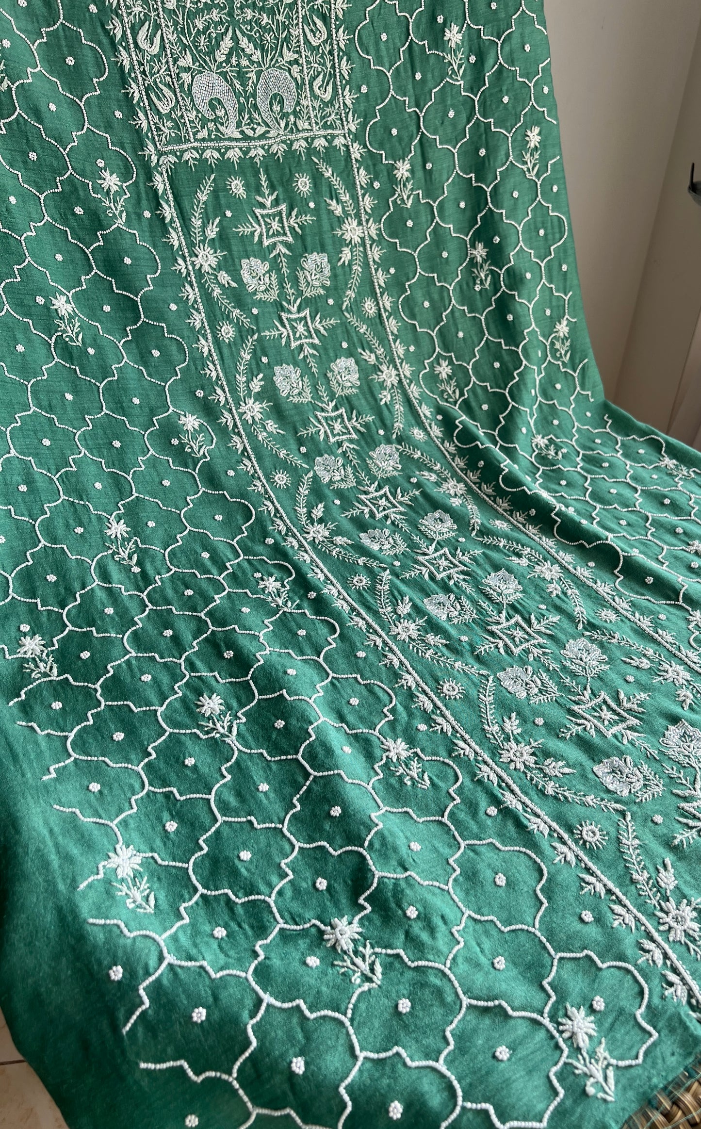 Moonga Silk Chikankari pearl and cut Dana work kurta and dupatta