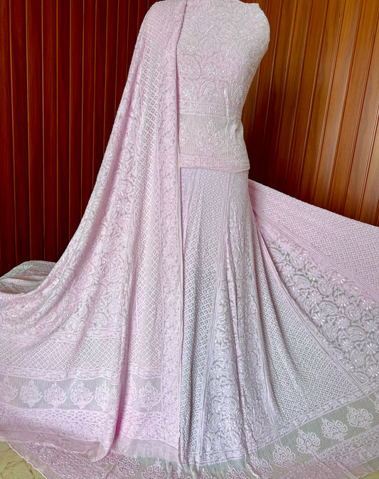 Ruhani Pink Chikankari Cut Dana Pearl Sequins Wedding Lehenga