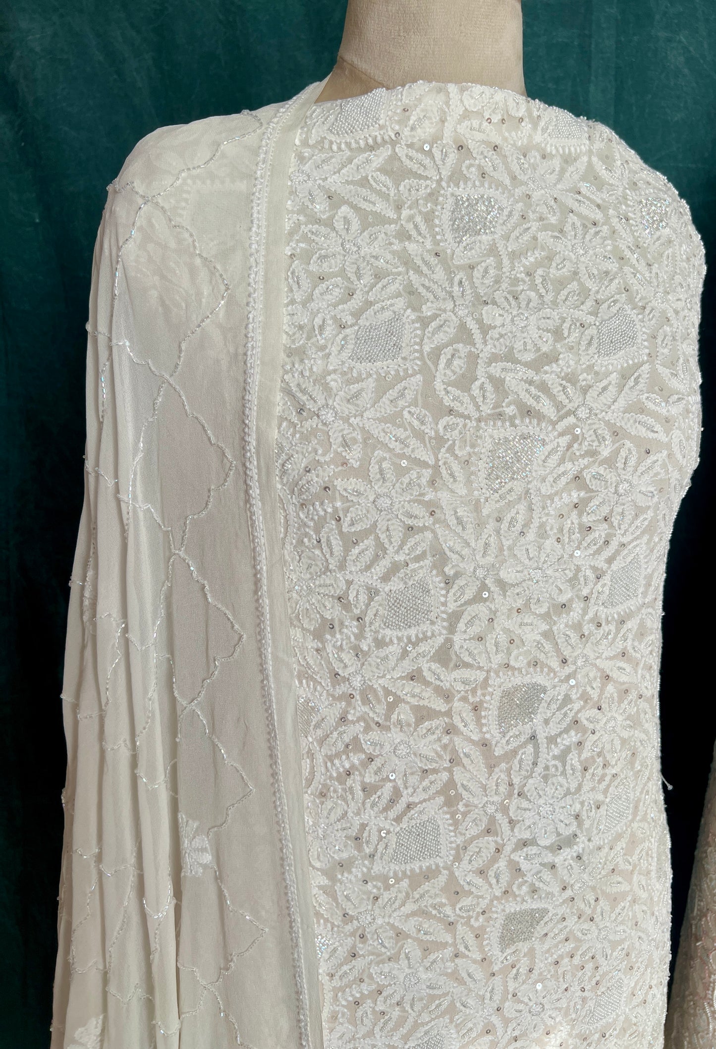 Ivory Chikankari pearl sequins cut Dana work kurta and dupatta
