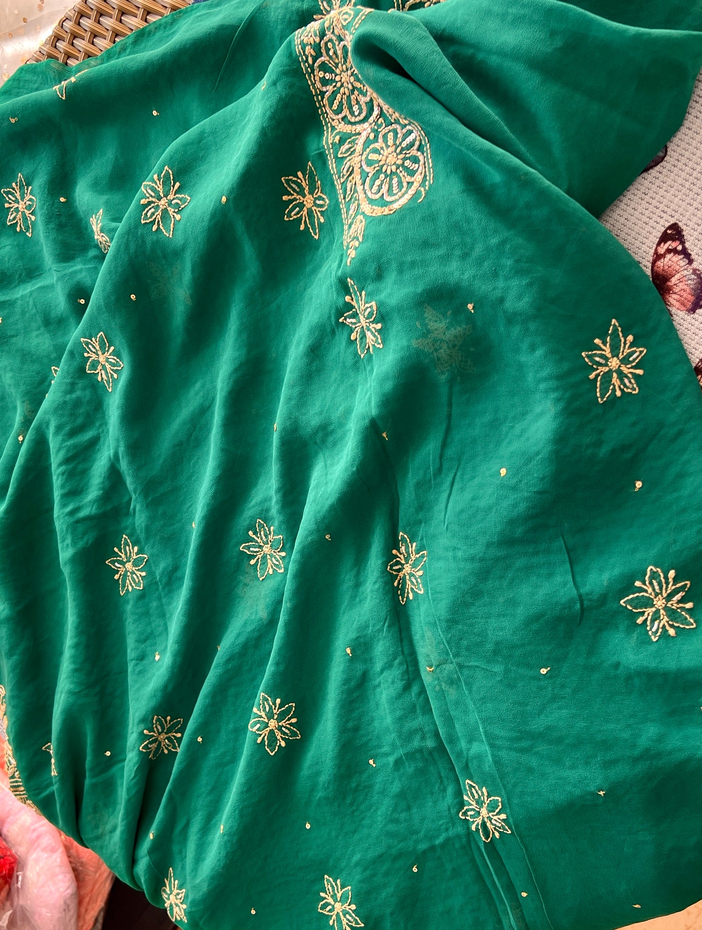 Ruhani Emerald Green Chikankari golden cut dana sequins kurta and dupatta