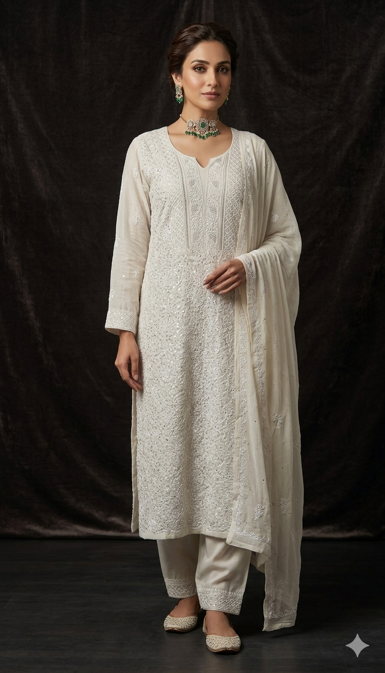 Suhaan Chikankari sequins cut Dana work kurta and dupatta