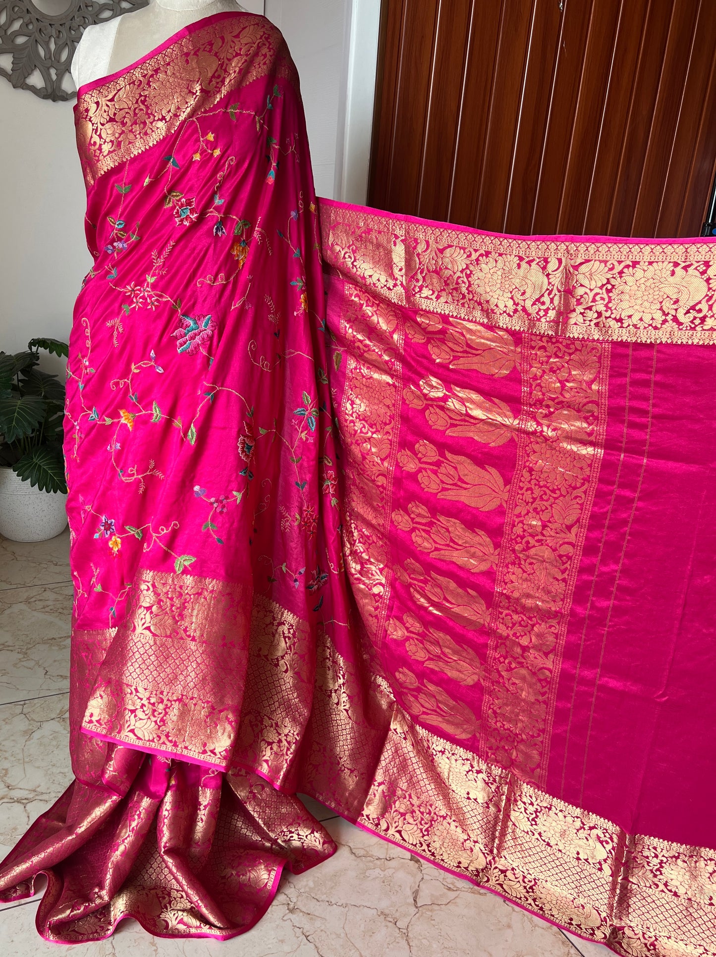 Hot Pink Petit Point Hand Embroidered Saree