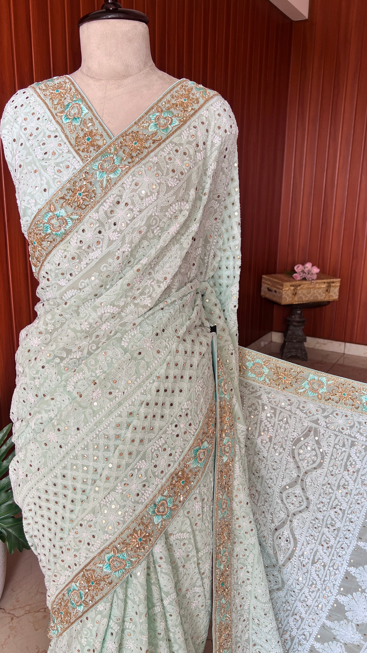 Ruhani Firozi Chikankari and Mukaish Saree with designer border