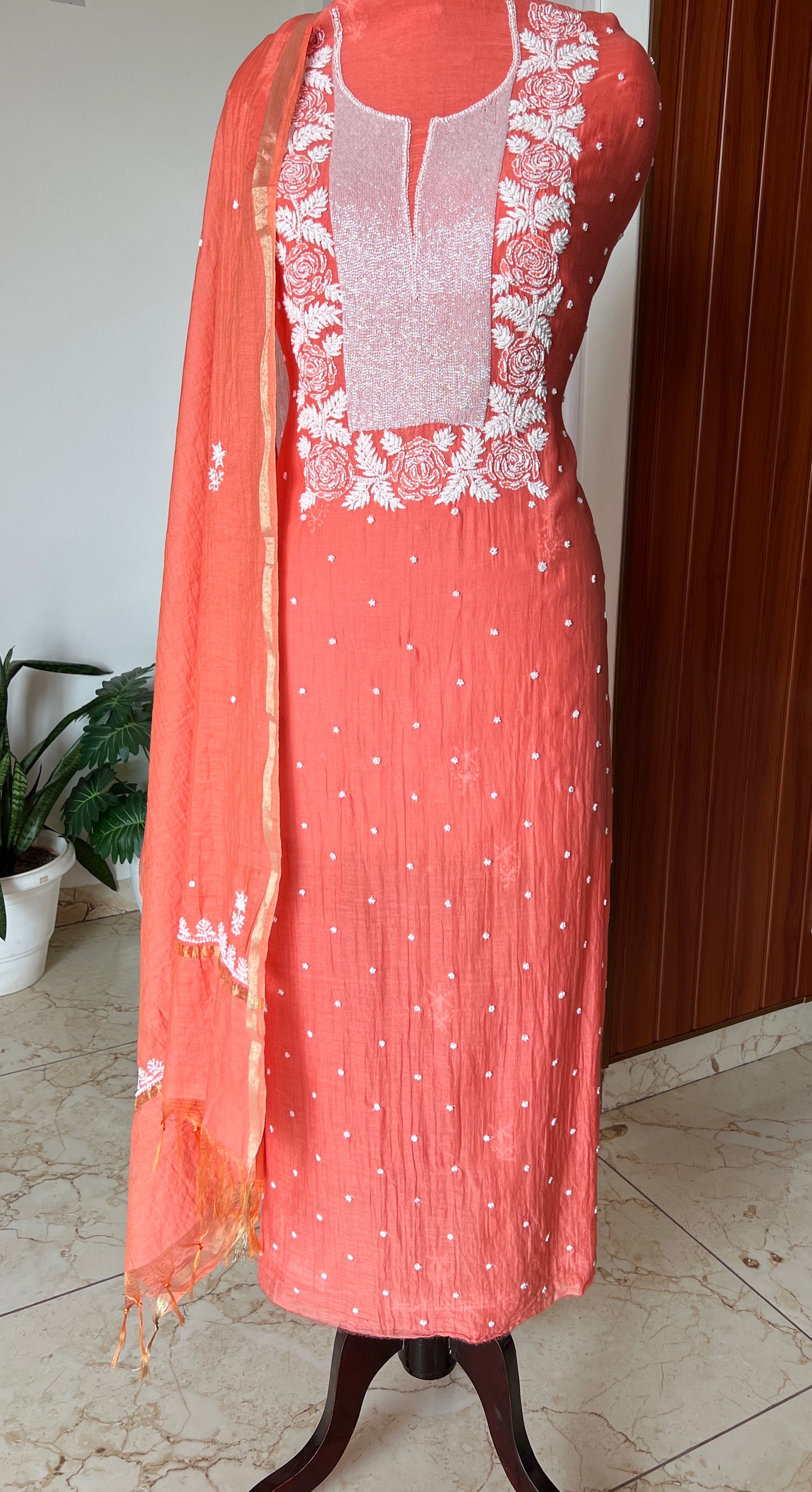 Coral orange pearl and sequins Kurta and Dupatta