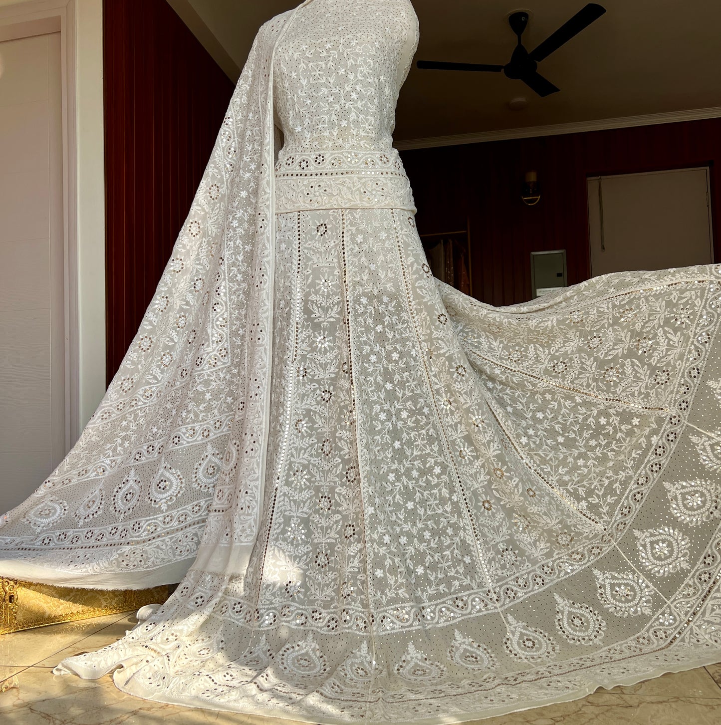 Ruhani fine Chikankari and intricate Mukaish Lehenga Set