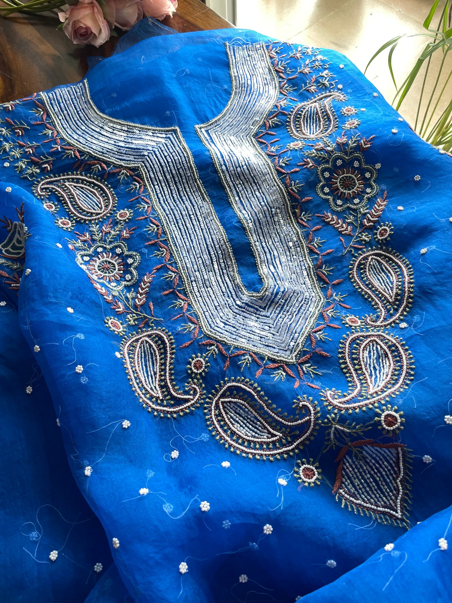 Royal Blue Chikankari pearl sequins pure Organza kurta with dupatta