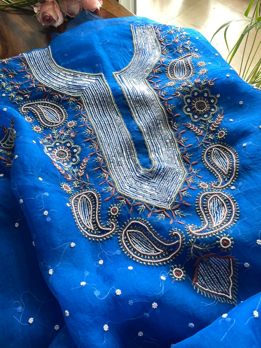 Royal Blue Chikankari pearl sequins pure Organza kurta with dupatta