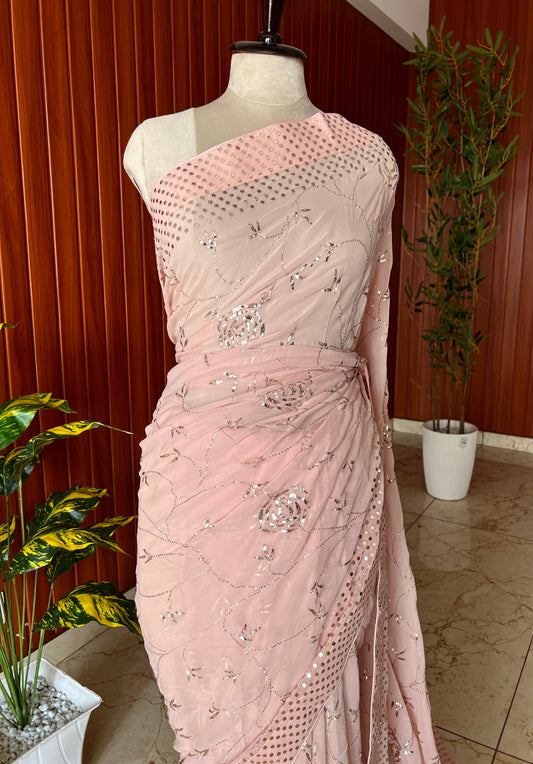 Dusty pink Gulaab Badla and Mukaish work Half pure Georgette Saree