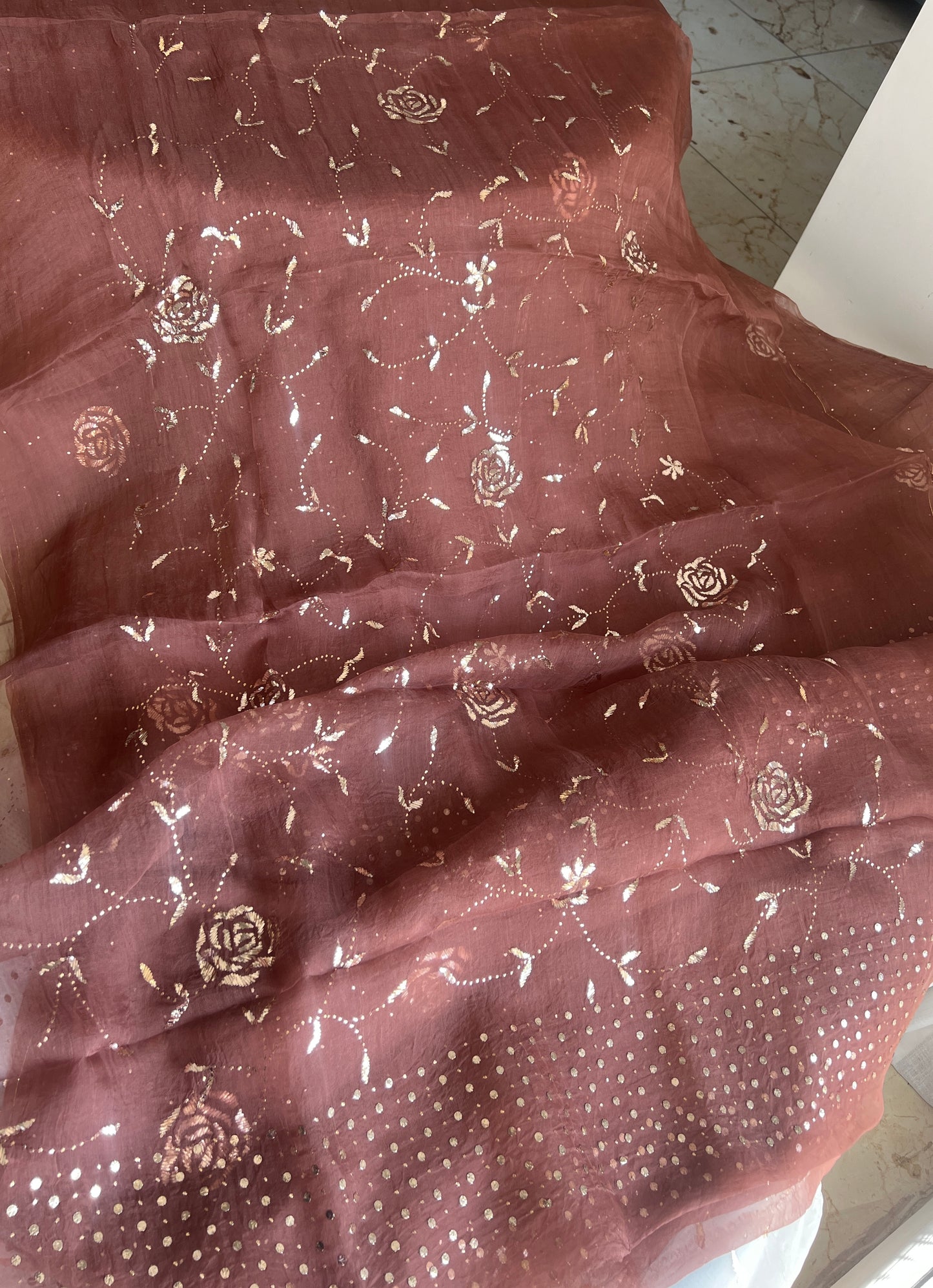 Taupe brown Gulaab pure organza badla work Kurta and Dupatta