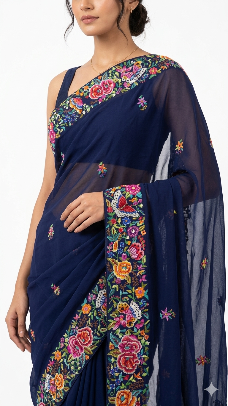 Navy Blue Masterpiece Petit Point Hand Embroidered Saree