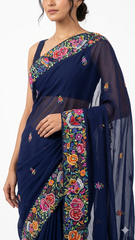 Navy Blue Masterpiece Petit Point Hand Embroidered Saree
