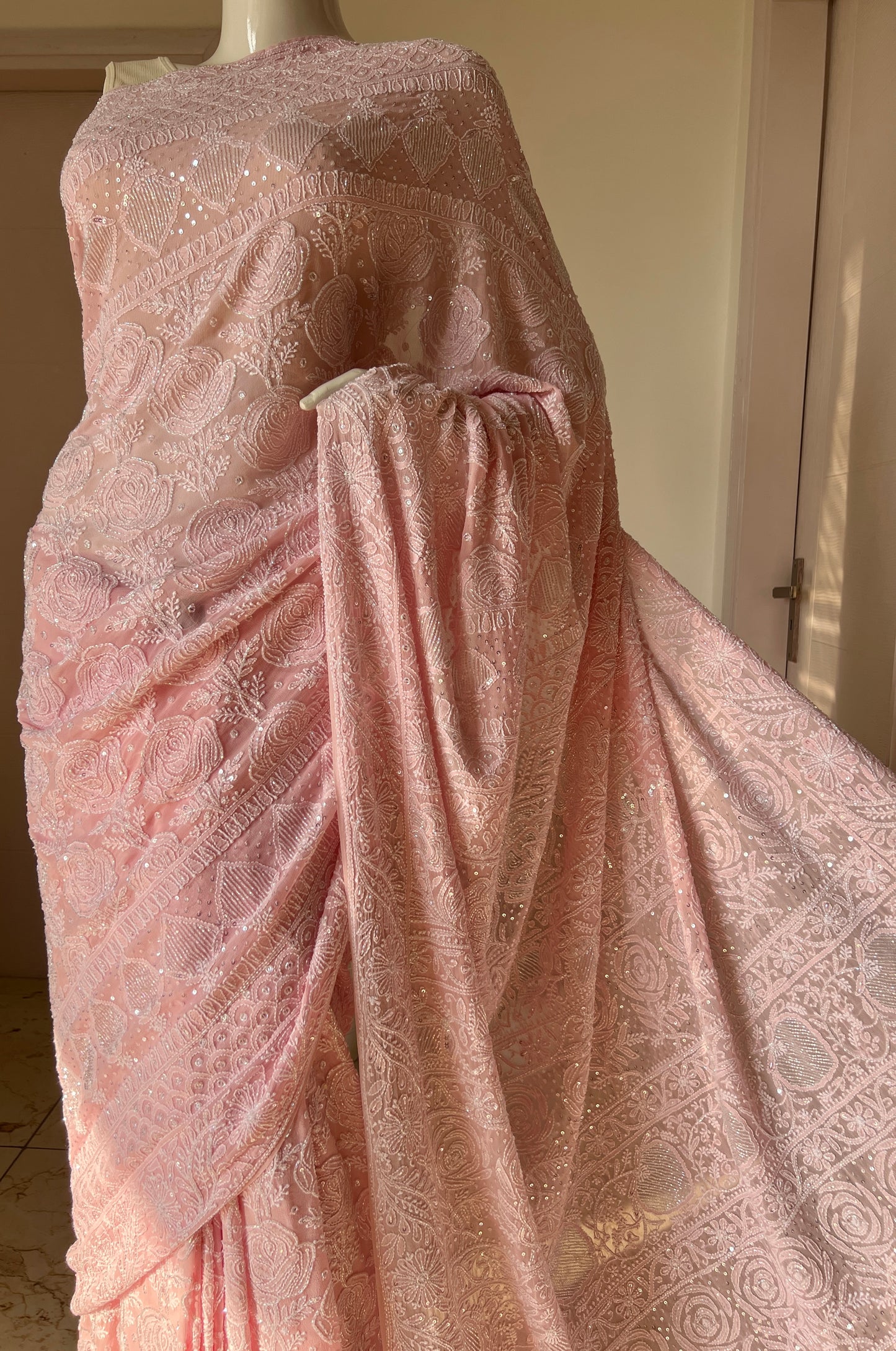 Ruhani Blush Pink Chikankari Cut Dana and Sequins Saree