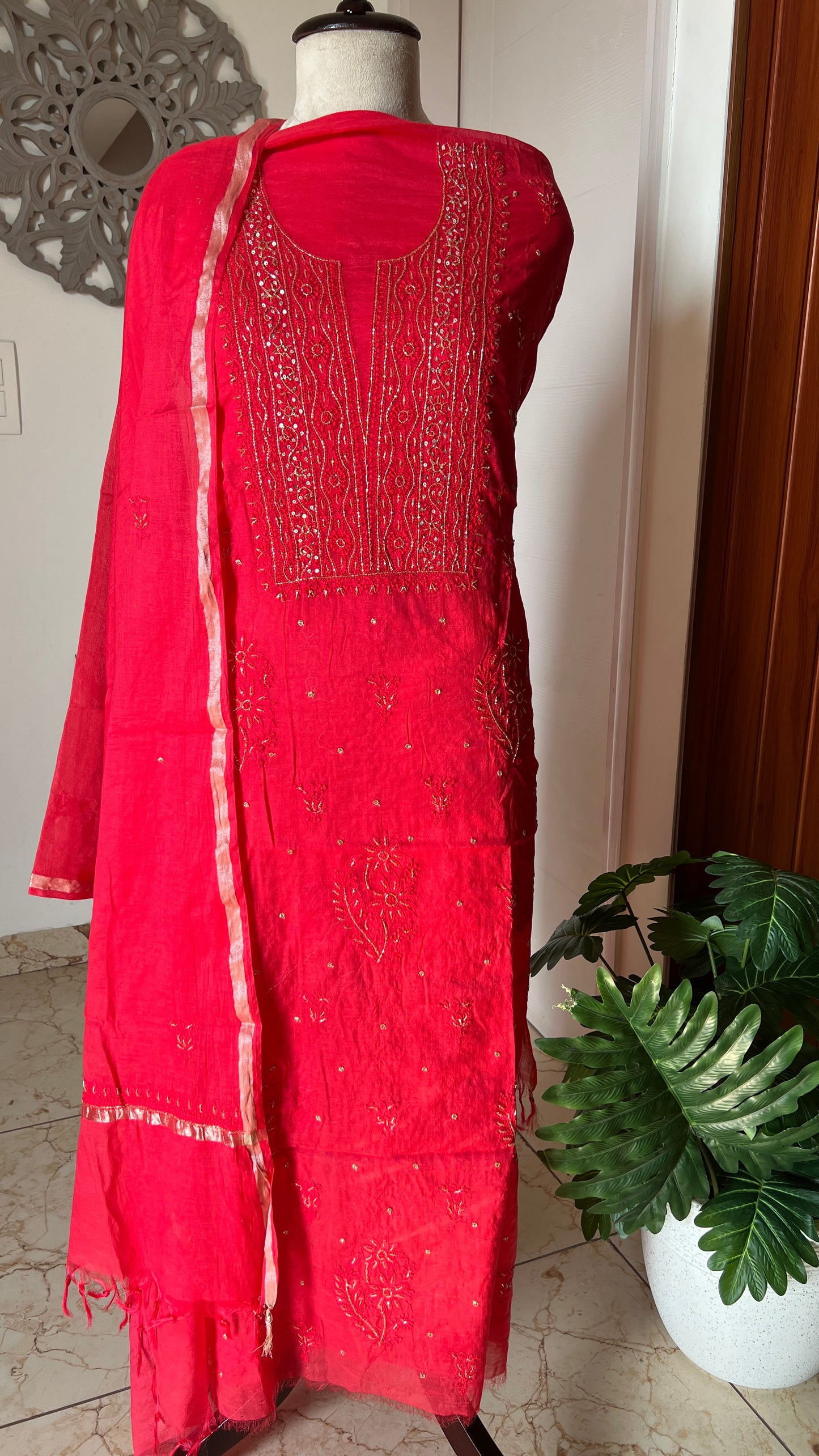 Mul Chanderi Chikankari Kurta and Dupatta Set